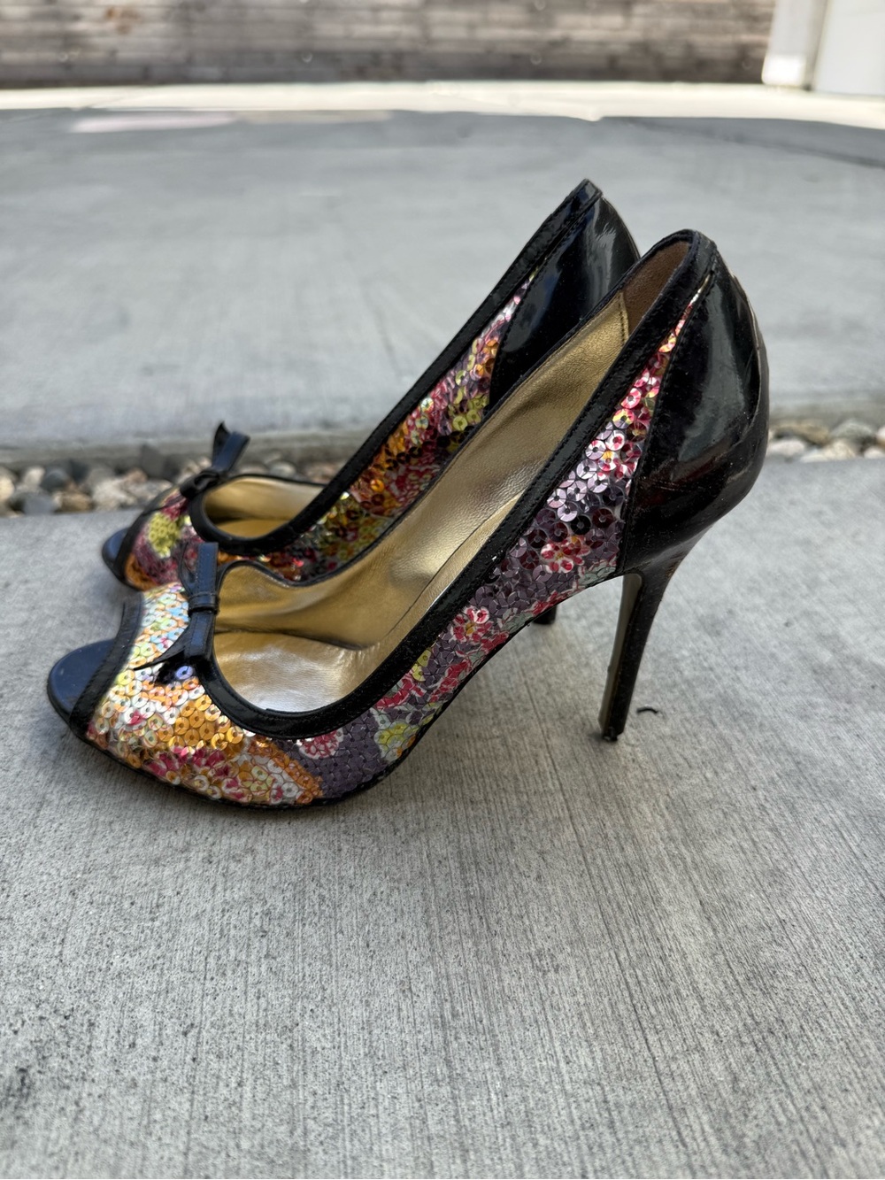 Women’s Black Multicolor Sequin Peep-Toe High Heels